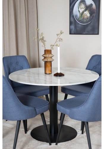 VENTURE DESIGN Estelle Esstisch-Set, mit 4 St&uuml;hlen &ndash; wei&szlig;er Marmor/schwarzes Metall und blauer Stoff/schwarzes Metall