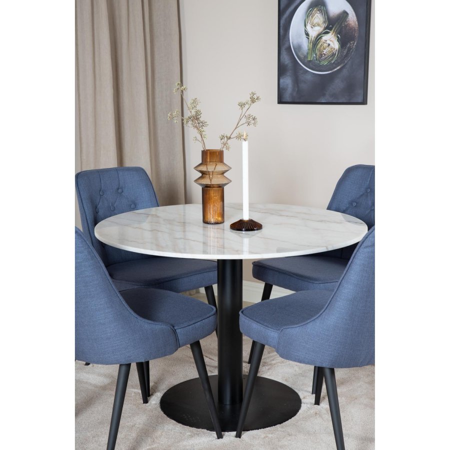 VENTURE DESIGN Estelle Esstisch-Set, mit 4 St&uuml;hlen &ndash; wei&szlig;er Marmor/schwarzes Metall und blauer Stoff/schwarzes Metall