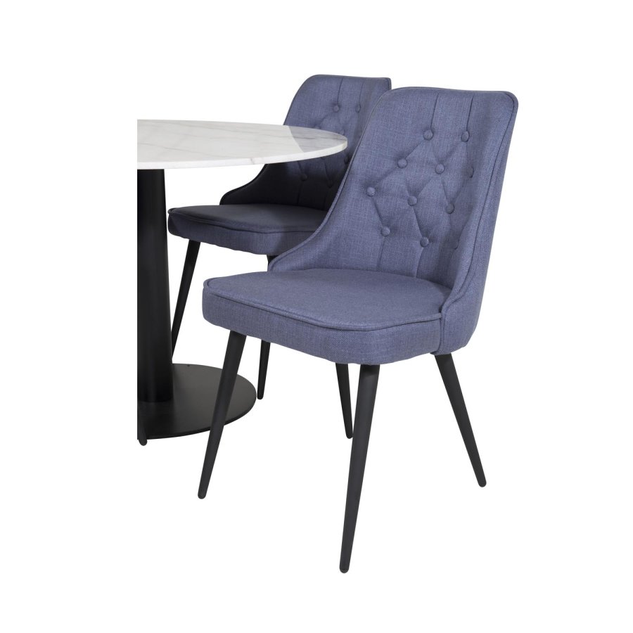 VENTURE DESIGN Estelle Esstisch-Set, mit 4 St&uuml;hlen &ndash; wei&szlig;er Marmor/schwarzes Metall und blauer Stoff/schwarzes Metall
