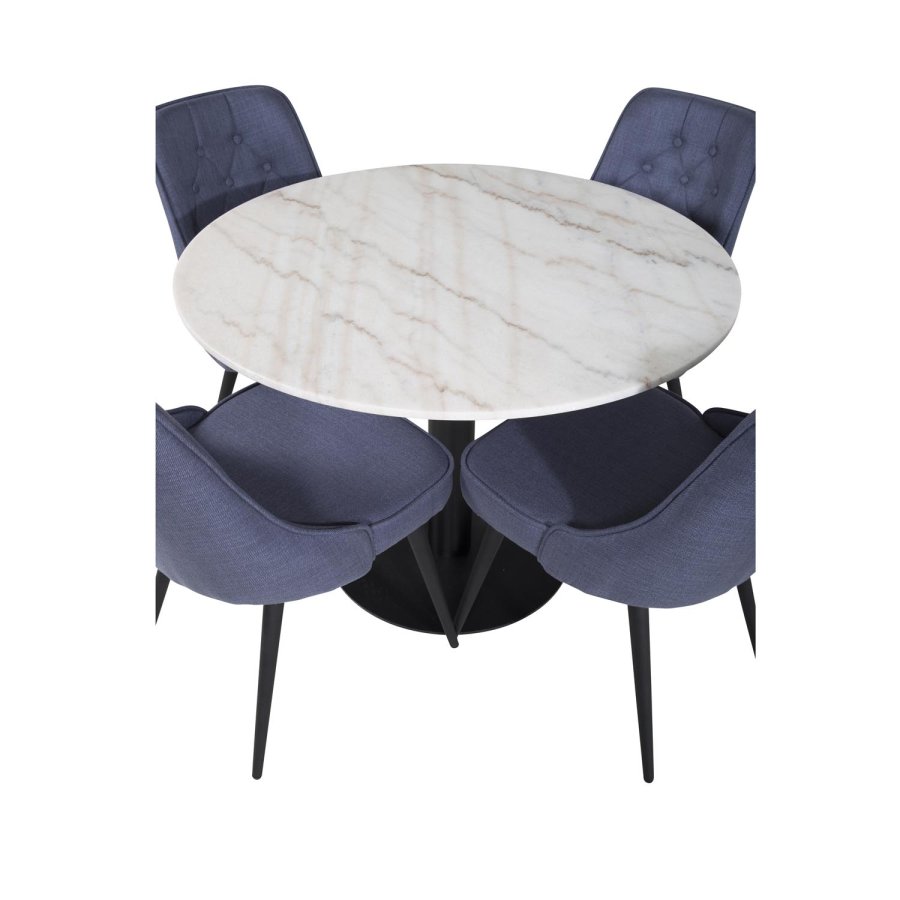 VENTURE DESIGN Estelle Esstisch-Set, mit 4 St&uuml;hlen &ndash; wei&szlig;er Marmor/schwarzes Metall und blauer Stoff/schwarzes Metall