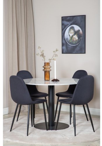 VENTURE DESIGN Estelle Esstisch-Set, mit 4 St&uuml;hlen &ndash; wei&szlig;er Marmor/schwarzes Metall und schwarzer Stoff/schwarzes Metall