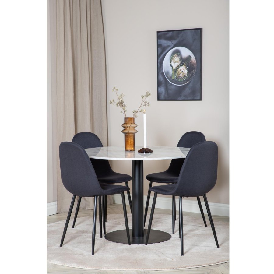 VENTURE DESIGN Estelle Esstisch-Set, mit 4 St&uuml;hlen &ndash; wei&szlig;er Marmor/schwarzes Metall und schwarzer Stoff/schwarzes Metall