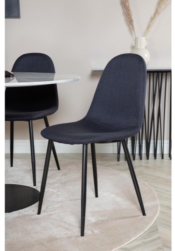 VENTURE DESIGN Estelle Esstisch-Set, mit 4 St&uuml;hlen &ndash; wei&szlig;er Marmor/schwarzes Metall und schwarzer Stoff/schwarzes Metall