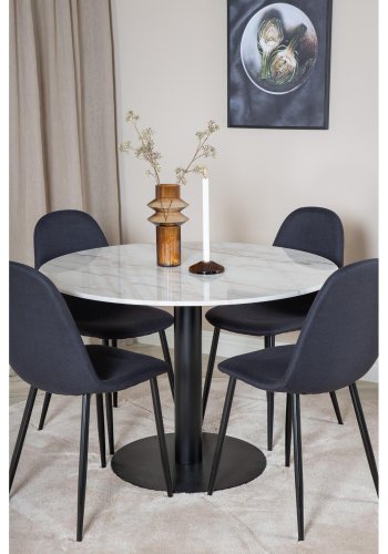 VENTURE DESIGN Estelle Esstisch-Set, mit 4 St&uuml;hlen &ndash; wei&szlig;er Marmor/schwarzes Metall und schwarzer Stoff/schwarzes Metall