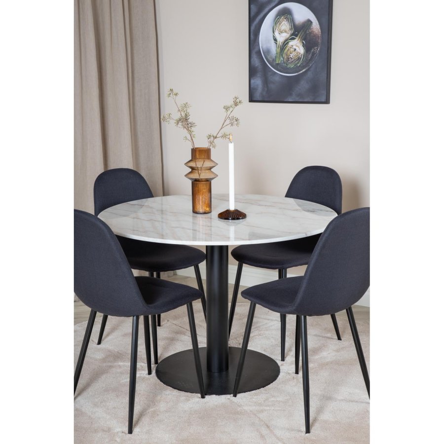 VENTURE DESIGN Estelle Esstisch-Set, mit 4 St&uuml;hlen &ndash; wei&szlig;er Marmor/schwarzes Metall und schwarzer Stoff/schwarzes Metall