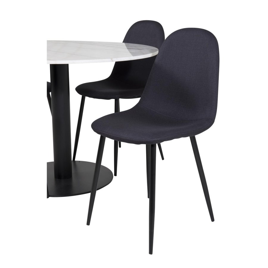 VENTURE DESIGN Estelle Esstisch-Set, mit 4 St&uuml;hlen &ndash; wei&szlig;er Marmor/schwarzes Metall und schwarzer Stoff/schwarzes Metall