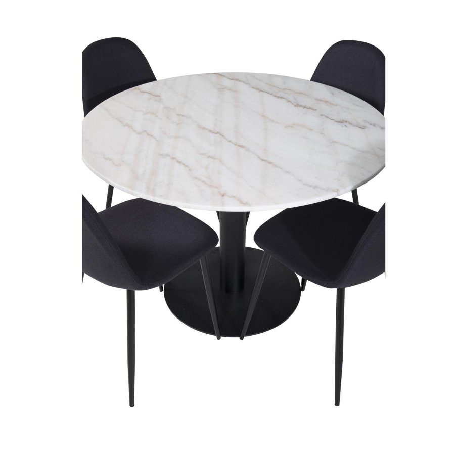 VENTURE DESIGN Estelle Esstisch-Set, mit 4 St&uuml;hlen &ndash; wei&szlig;er Marmor/schwarzes Metall und schwarzer Stoff/schwarzes Metall