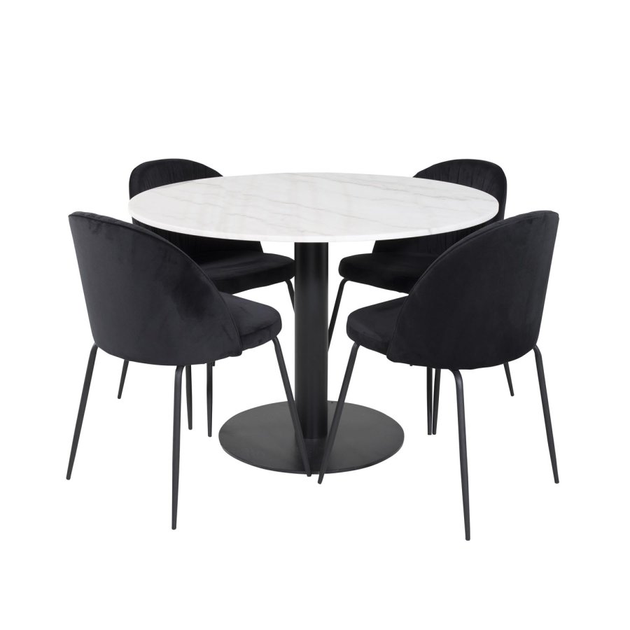 VENTURE DESIGN Estelle Esstisch-Set, mit 4 St&uuml;hlen &ndash; wei&szlig;er Marmor/schwarzes Metall und schwarzer Stoff/schwarzes Metall