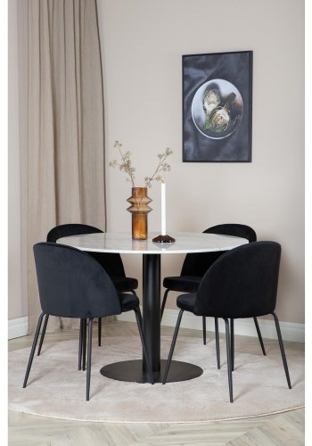 VENTURE DESIGN Estelle Esstisch-Set, mit 4 St&uuml;hlen &ndash; wei&szlig;er Marmor/schwarzes Metall und schwarzer Stoff/schwarzes Metall
