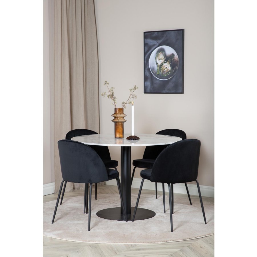 VENTURE DESIGN Estelle Esstisch-Set, mit 4 St&uuml;hlen &ndash; wei&szlig;er Marmor/schwarzes Metall und schwarzer Stoff/schwarzes Metall