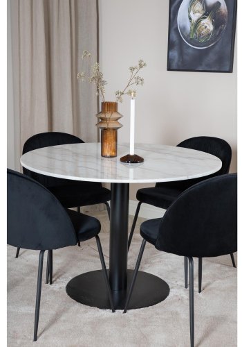VENTURE DESIGN Estelle Esstisch-Set, mit 4 St&uuml;hlen &ndash; wei&szlig;er Marmor/schwarzes Metall und schwarzer Stoff/schwarzes Metall