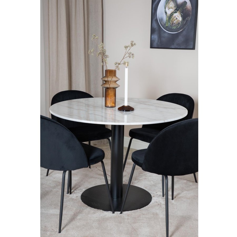 VENTURE DESIGN Estelle Esstisch-Set, mit 4 St&uuml;hlen &ndash; wei&szlig;er Marmor/schwarzes Metall und schwarzer Stoff/schwarzes Metall