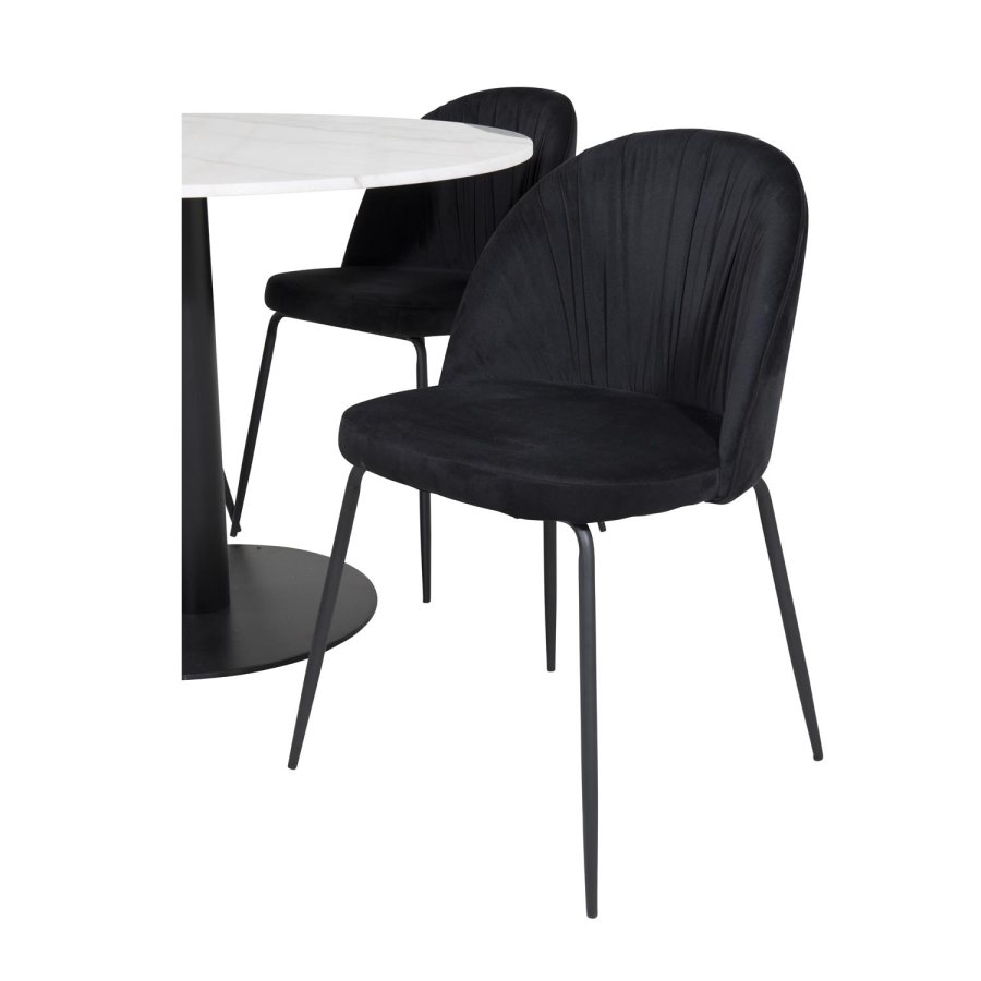 VENTURE DESIGN Estelle Esstisch-Set, mit 4 St&uuml;hlen &ndash; wei&szlig;er Marmor/schwarzes Metall und schwarzer Stoff/schwarzes Metall