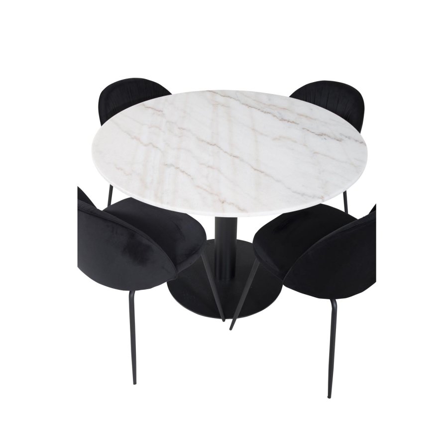 VENTURE DESIGN Estelle Esstisch-Set, mit 4 St&uuml;hlen &ndash; wei&szlig;er Marmor/schwarzes Metall und schwarzer Stoff/schwarzes Metall