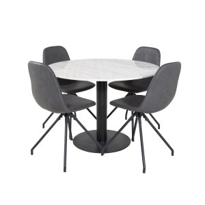 VENTURE DESIGN Estelle Esstisch-Set, mit 4 St&uuml;hlen &ndash; wei&szlig;er Marmor/schwarzes Metall und schwarzes PU/schwarzes Metall