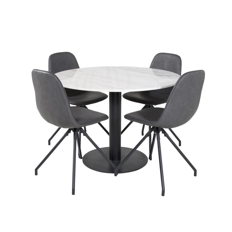 VENTURE DESIGN Estelle Esstisch-Set, mit 4 St&uuml;hlen &ndash; wei&szlig;er Marmor/schwarzes Metall und schwarzes PU/schwarzes Metall