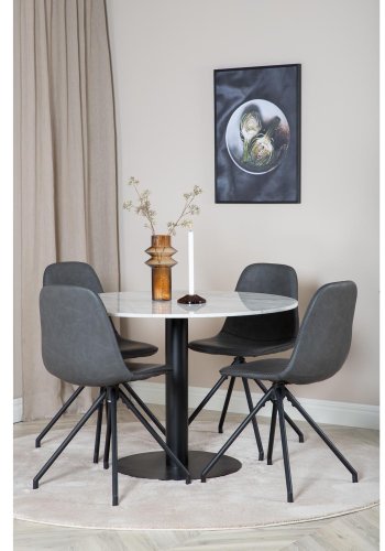 VENTURE DESIGN Estelle Esstisch-Set, mit 4 St&uuml;hlen &ndash; wei&szlig;er Marmor/schwarzes Metall und schwarzes PU/schwarzes Metall