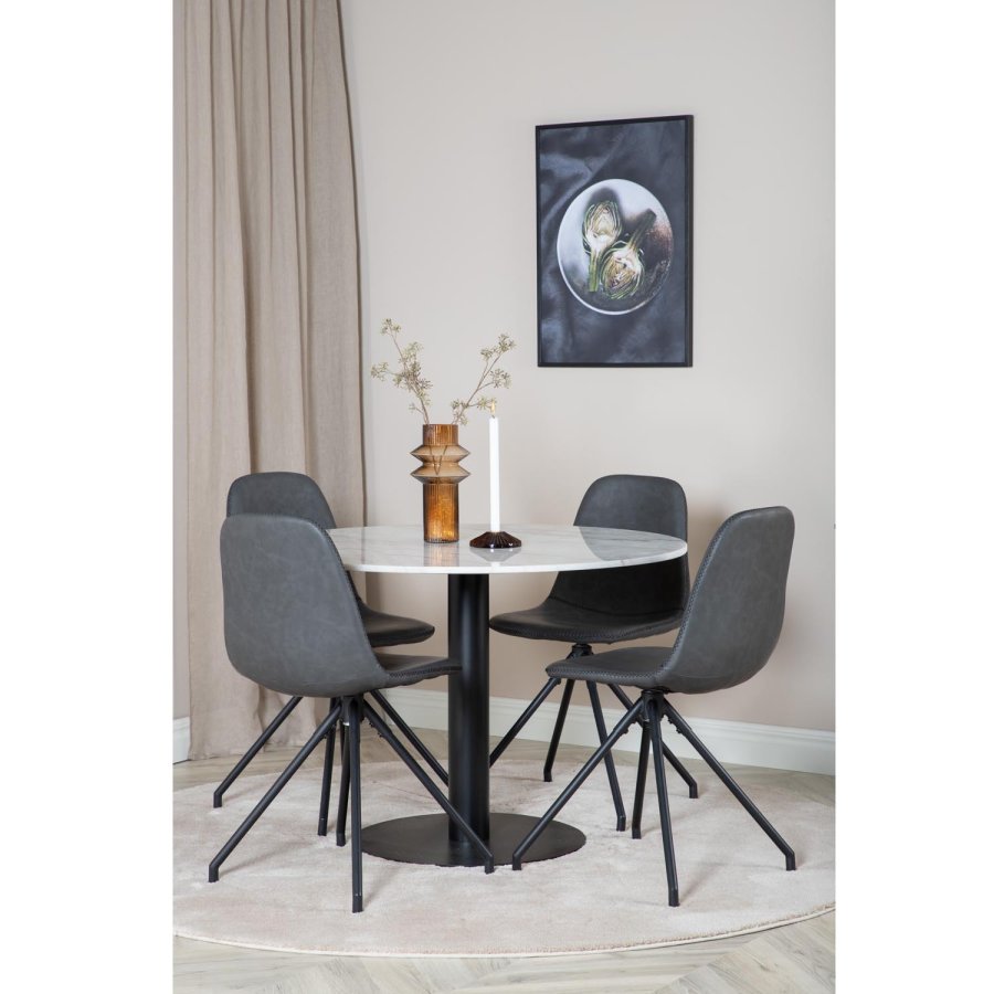 VENTURE DESIGN Estelle Esstisch-Set, mit 4 St&uuml;hlen &ndash; wei&szlig;er Marmor/schwarzes Metall und schwarzes PU/schwarzes Metall