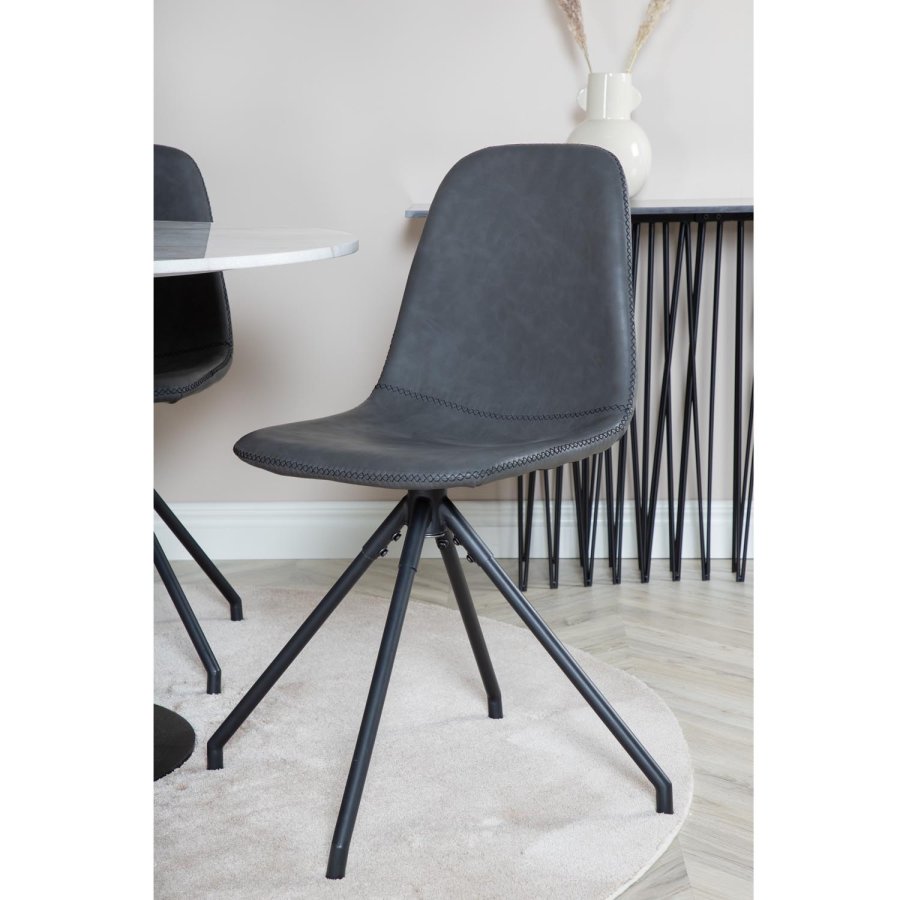 VENTURE DESIGN Estelle Esstisch-Set, mit 4 St&uuml;hlen &ndash; wei&szlig;er Marmor/schwarzes Metall und schwarzes PU/schwarzes Metall