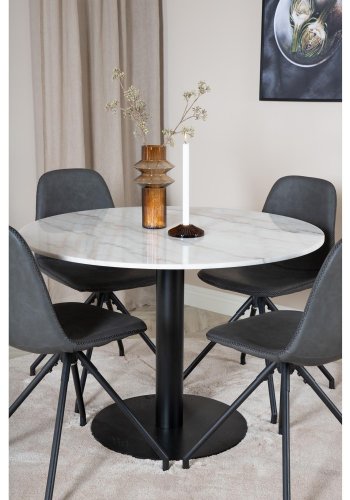 VENTURE DESIGN Estelle Esstisch-Set, mit 4 St&uuml;hlen &ndash; wei&szlig;er Marmor/schwarzes Metall und schwarzes PU/schwarzes Metall