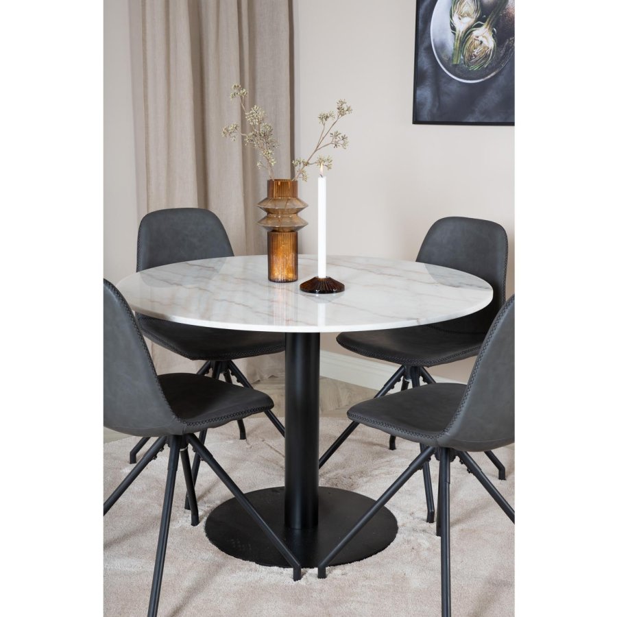 VENTURE DESIGN Estelle Esstisch-Set, mit 4 St&uuml;hlen &ndash; wei&szlig;er Marmor/schwarzes Metall und schwarzes PU/schwarzes Metall