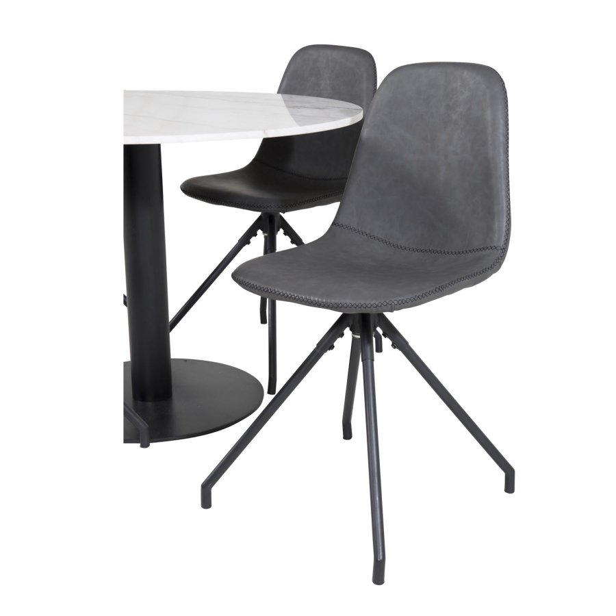 VENTURE DESIGN Estelle Esstisch-Set, mit 4 St&uuml;hlen &ndash; wei&szlig;er Marmor/schwarzes Metall und schwarzes PU/schwarzes Metall