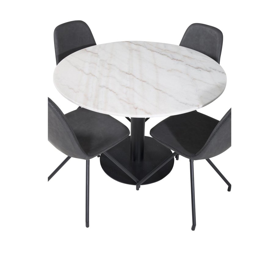 VENTURE DESIGN Estelle Esstisch-Set, mit 4 St&uuml;hlen &ndash; wei&szlig;er Marmor/schwarzes Metall und schwarzes PU/schwarzes Metall