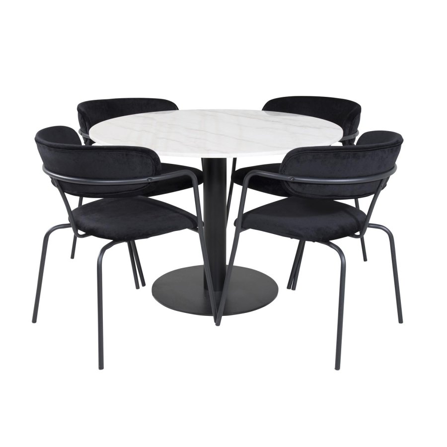 VENTURE DESIGN Estelle Esstisch-Set, mit 4 St&uuml;hlen &ndash; wei&szlig;er Marmor/schwarzes Metall und schwarzer Samt/schwarzes Metall