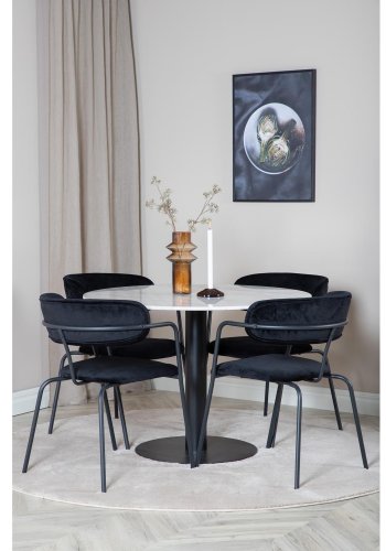 VENTURE DESIGN Estelle Esstisch-Set, mit 4 St&uuml;hlen &ndash; wei&szlig;er Marmor/schwarzes Metall und schwarzer Samt/schwarzes Metall