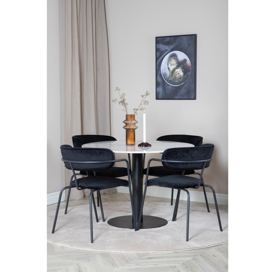 VENTURE DESIGN Estelle Esstisch-Set, mit 4 St&uuml;hlen &ndash; wei&szlig;er Marmor/schwarzes Metall und schwarzer Samt/schwarzes Metall