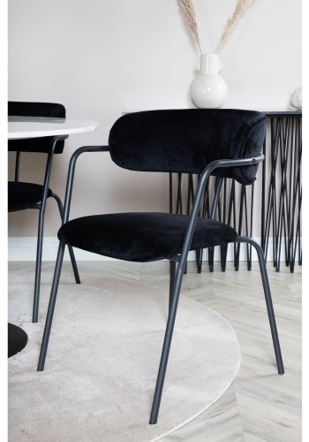 VENTURE DESIGN Estelle Esstisch-Set, mit 4 St&uuml;hlen &ndash; wei&szlig;er Marmor/schwarzes Metall und schwarzer Samt/schwarzes Metall