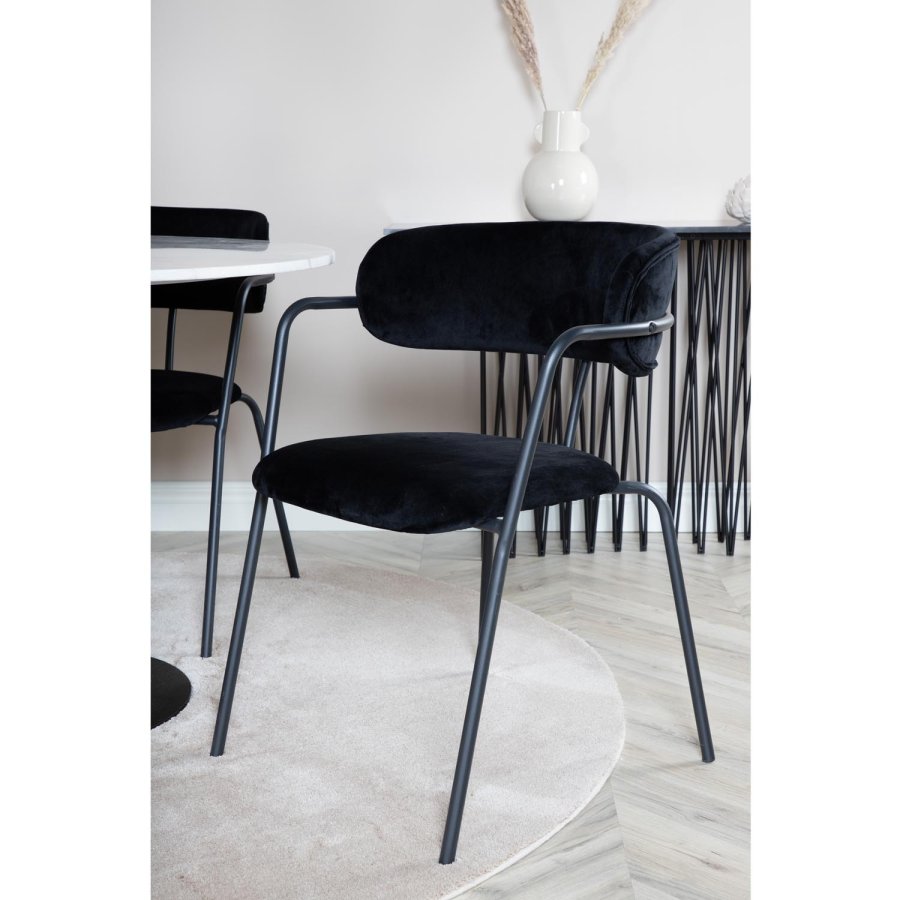 VENTURE DESIGN Estelle Esstisch-Set, mit 4 St&uuml;hlen &ndash; wei&szlig;er Marmor/schwarzes Metall und schwarzer Samt/schwarzes Metall