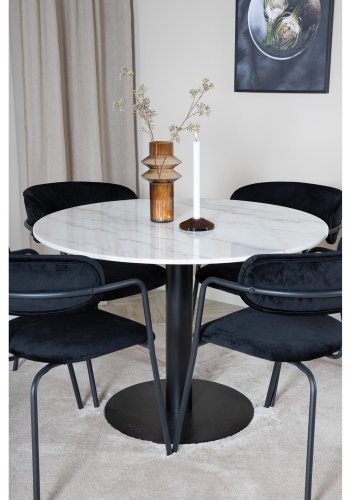 VENTURE DESIGN Estelle Esstisch-Set, mit 4 St&uuml;hlen &ndash; wei&szlig;er Marmor/schwarzes Metall und schwarzer Samt/schwarzes Metall