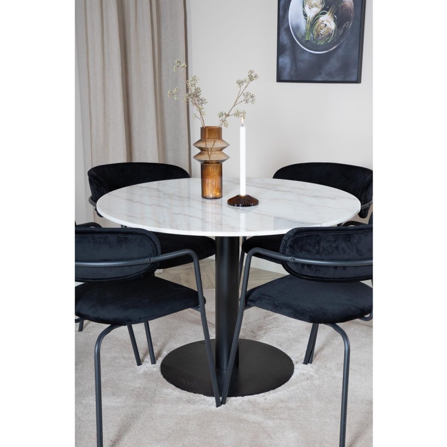 VENTURE DESIGN Estelle Esstisch-Set, mit 4 St&uuml;hlen &ndash; wei&szlig;er Marmor/schwarzes Metall und schwarzer Samt/schwarzes Metall