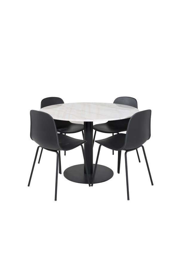 VENTURE DESIGN Estelle spisebordsett, m. 4 stoler - hvit marmor/svart metall og sort plast/svart metall