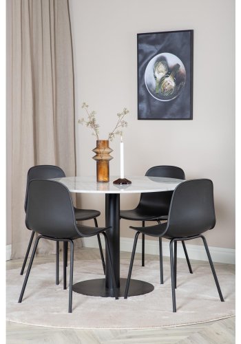 VENTURE DESIGN Estelle spisebordsett, m. 4 stoler - hvit marmor/svart metall og sort plast/svart metall