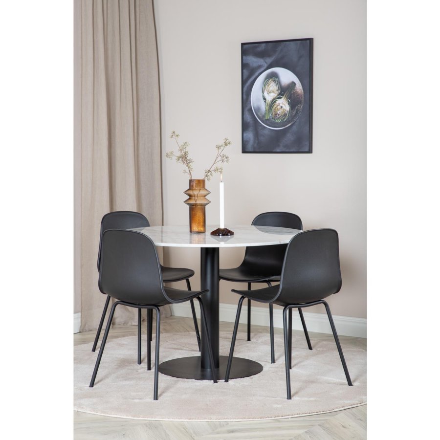 VENTURE DESIGN Estelle spisebordsett, m. 4 stoler - hvit marmor/svart metall og sort plast/svart metall