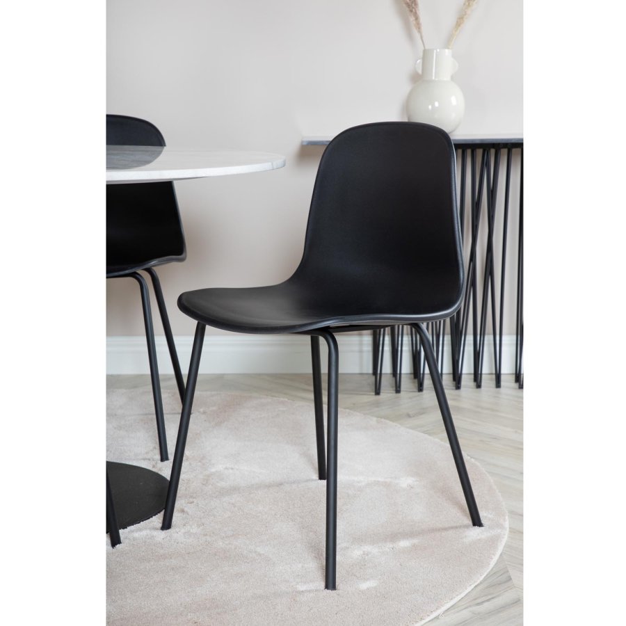 VENTURE DESIGN Estelle spisebordsett, m. 4 stoler - hvit marmor/svart metall og sort plast/svart metall