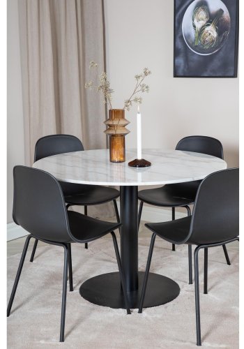 VENTURE DESIGN Estelle spisebordsett, m. 4 stoler - hvit marmor/svart metall og sort plast/svart metall