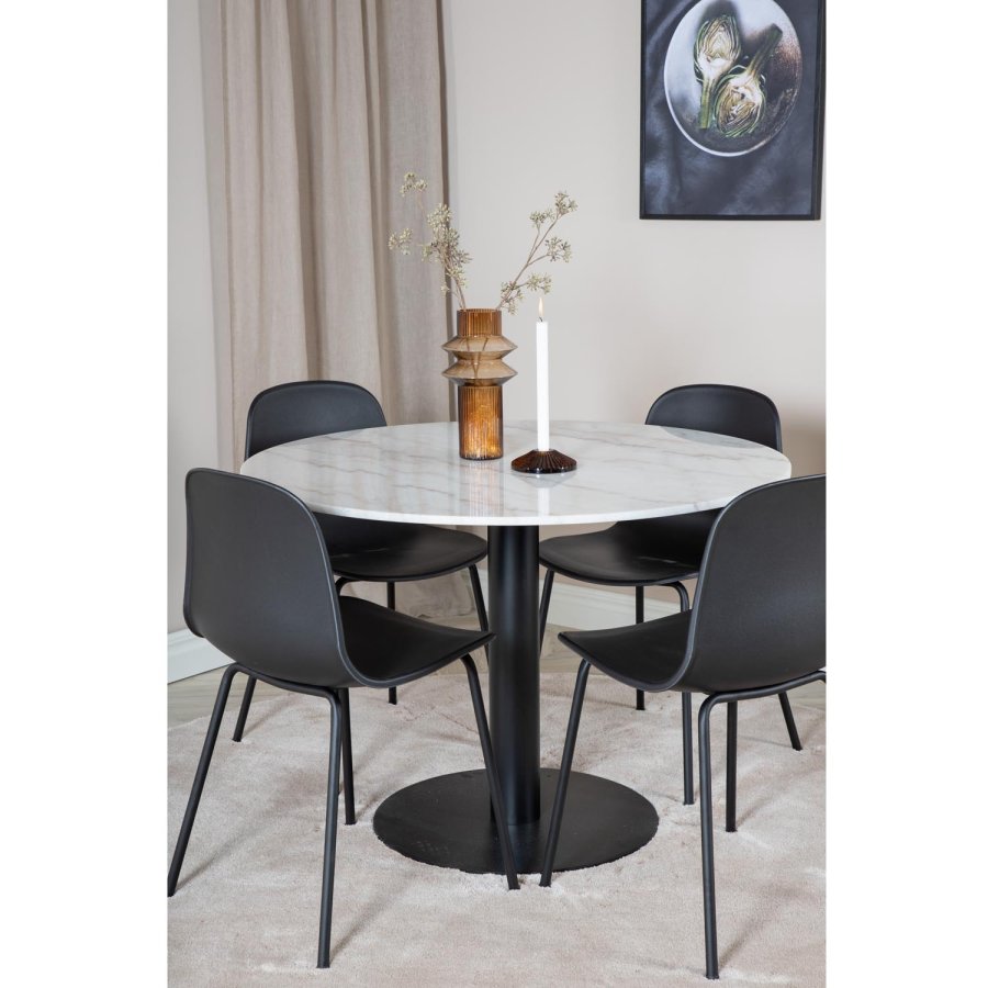 VENTURE DESIGN Estelle spisebordsett, m. 4 stoler - hvit marmor/svart metall og sort plast/svart metall