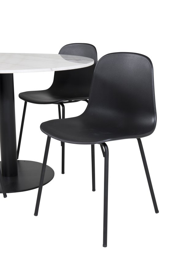 VENTURE DESIGN Estelle spisebordsett, m. 4 stoler - hvit marmor/svart metall og sort plast/svart metall
