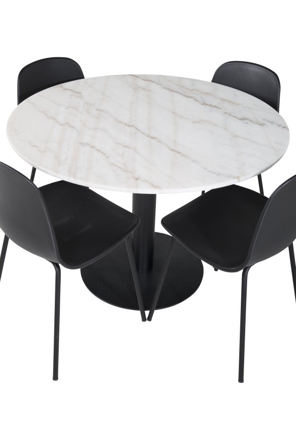 VENTURE DESIGN Estelle spisebordsett, m. 4 stoler - hvit marmor/svart metall og sort plast/svart metall
