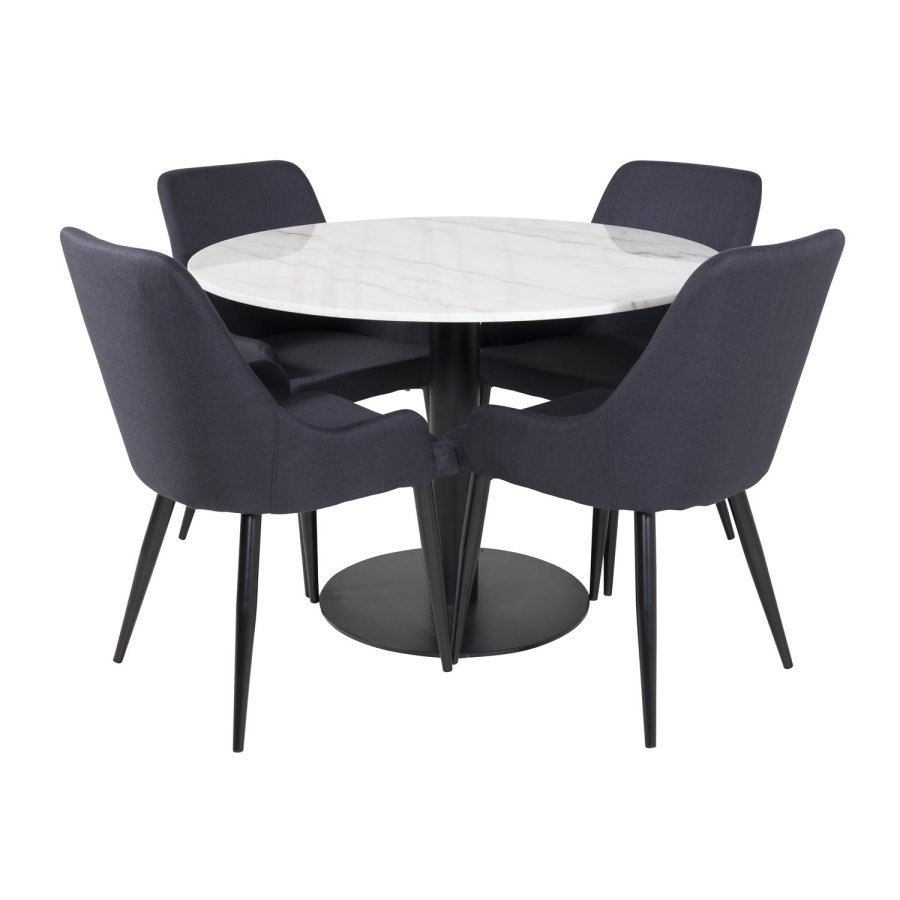 VENTURE DESIGN Estelle Esstisch-Set, mit 4 St&uuml;hlen &ndash; wei&szlig;er Marmor/schwarzes Metall und schwarzer Stoff/schwarzes Metall