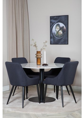 VENTURE DESIGN Estelle Esstisch-Set, mit 4 St&uuml;hlen &ndash; wei&szlig;er Marmor/schwarzes Metall und schwarzer Stoff/schwarzes Metall