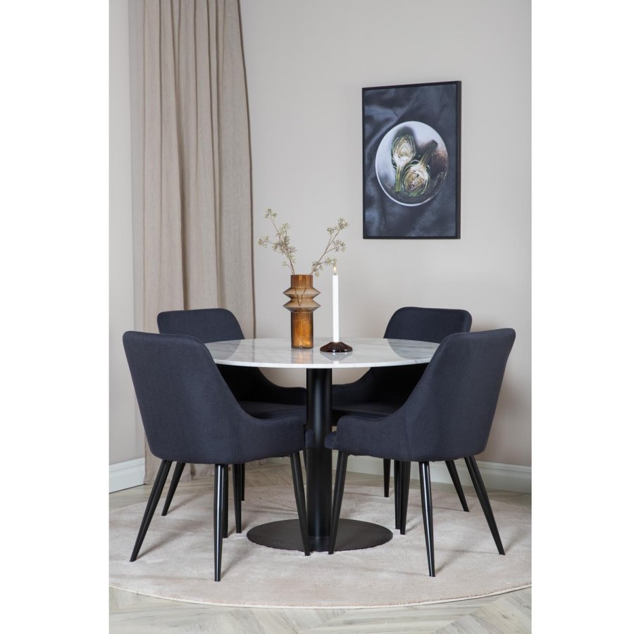 VENTURE DESIGN Estelle Esstisch-Set, mit 4 St&uuml;hlen &ndash; wei&szlig;er Marmor/schwarzes Metall und schwarzer Stoff/schwarzes Metall