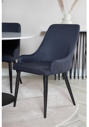 VENTURE DESIGN Estelle Esstisch-Set, mit 4 St&uuml;hlen &ndash; wei&szlig;er Marmor/schwarzes Metall und schwarzer Stoff/schwarzes Metall