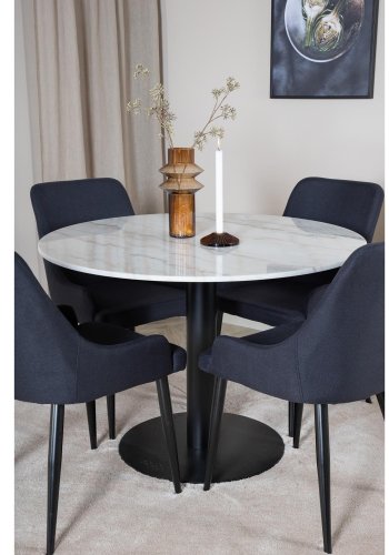 VENTURE DESIGN Estelle Esstisch-Set, mit 4 St&uuml;hlen &ndash; wei&szlig;er Marmor/schwarzes Metall und schwarzer Stoff/schwarzes Metall