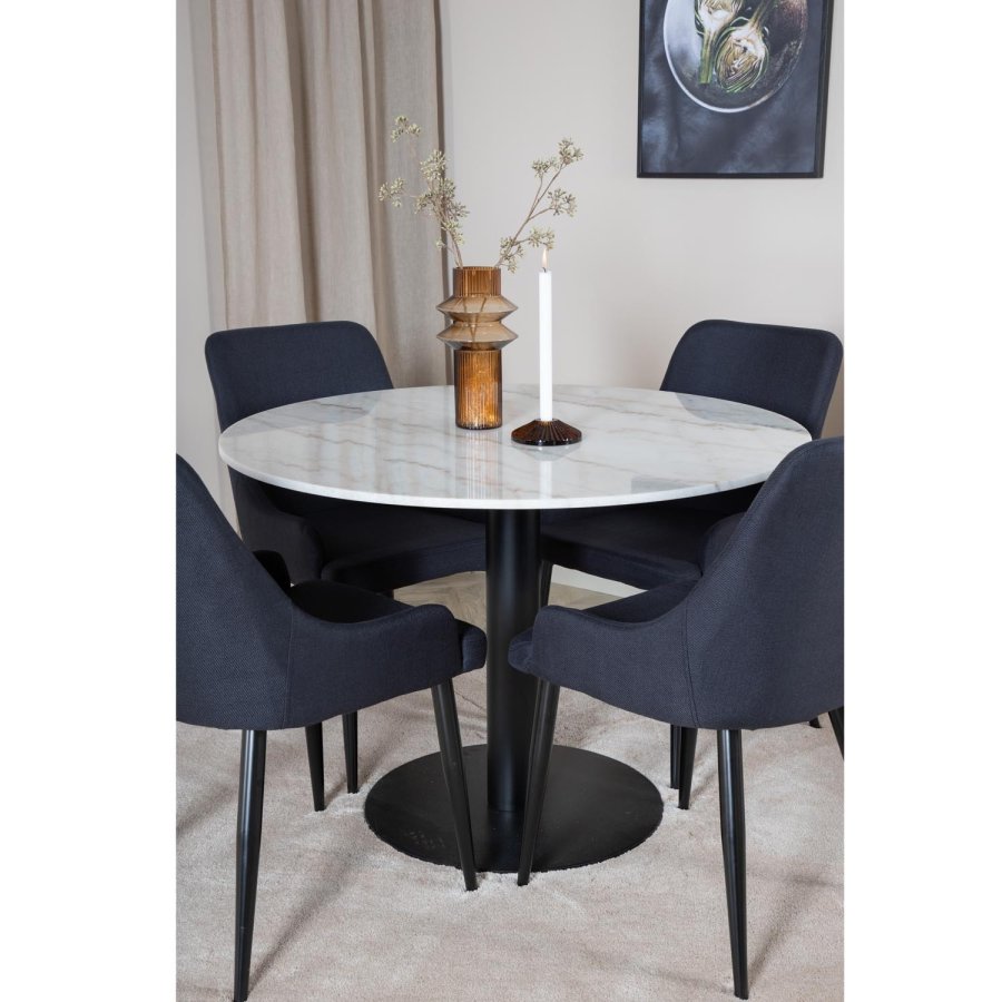 VENTURE DESIGN Estelle Esstisch-Set, mit 4 St&uuml;hlen &ndash; wei&szlig;er Marmor/schwarzes Metall und schwarzer Stoff/schwarzes Metall