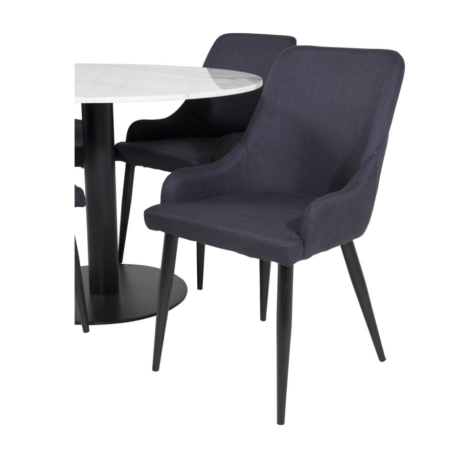 VENTURE DESIGN Estelle Esstisch-Set, mit 4 St&uuml;hlen &ndash; wei&szlig;er Marmor/schwarzes Metall und schwarzer Stoff/schwarzes Metall