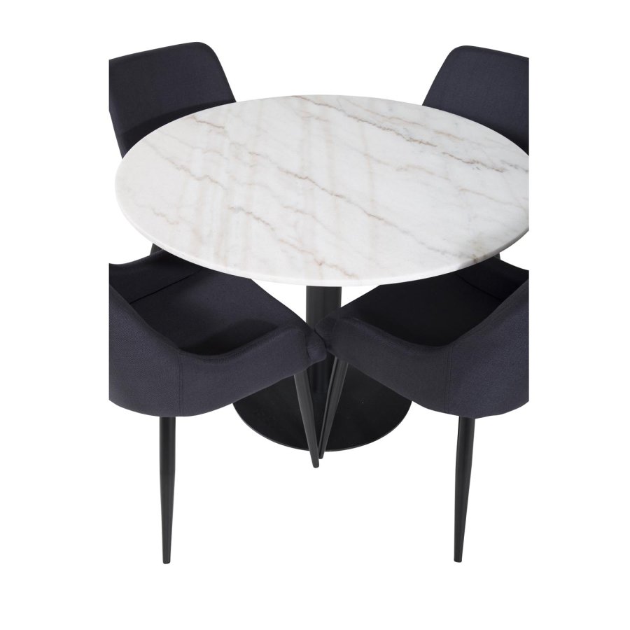 VENTURE DESIGN Estelle Esstisch-Set, mit 4 St&uuml;hlen &ndash; wei&szlig;er Marmor/schwarzes Metall und schwarzer Stoff/schwarzes Metall